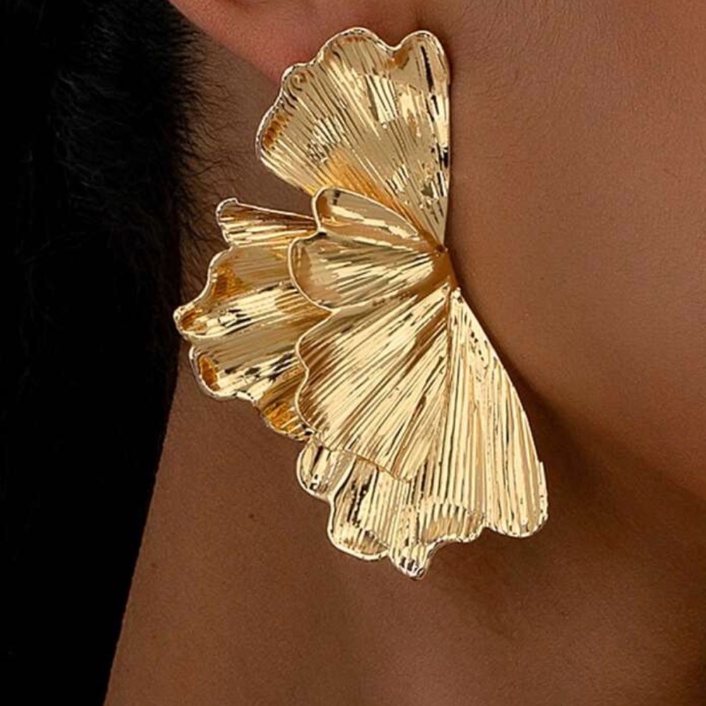 Gold Floral Petal Statement Earrings - Women Jewelry